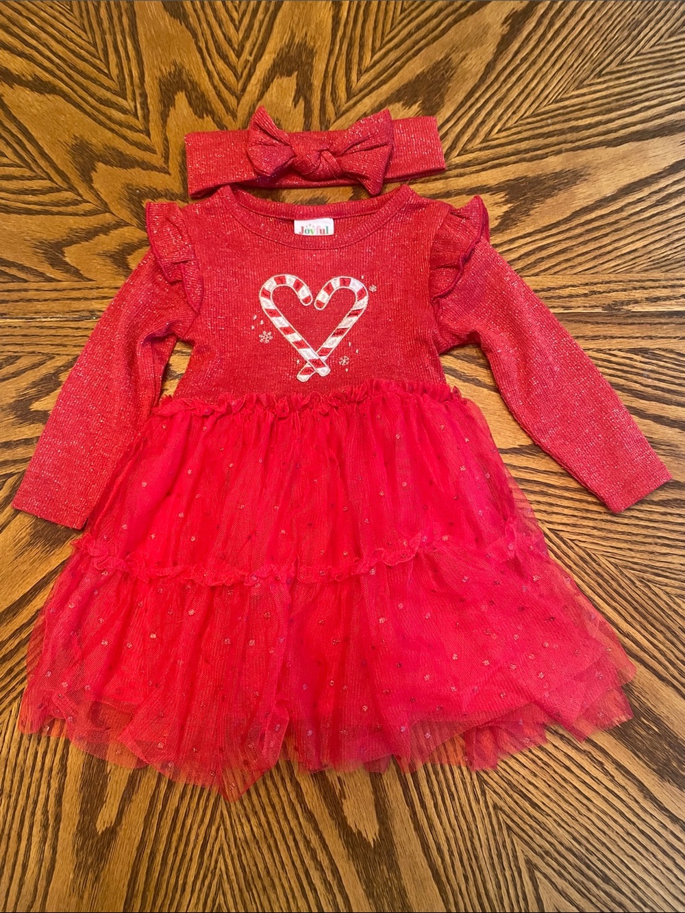 Infant Girl’s Red Candy Cane Heart Tulle Dress with Headband Size 12 Months